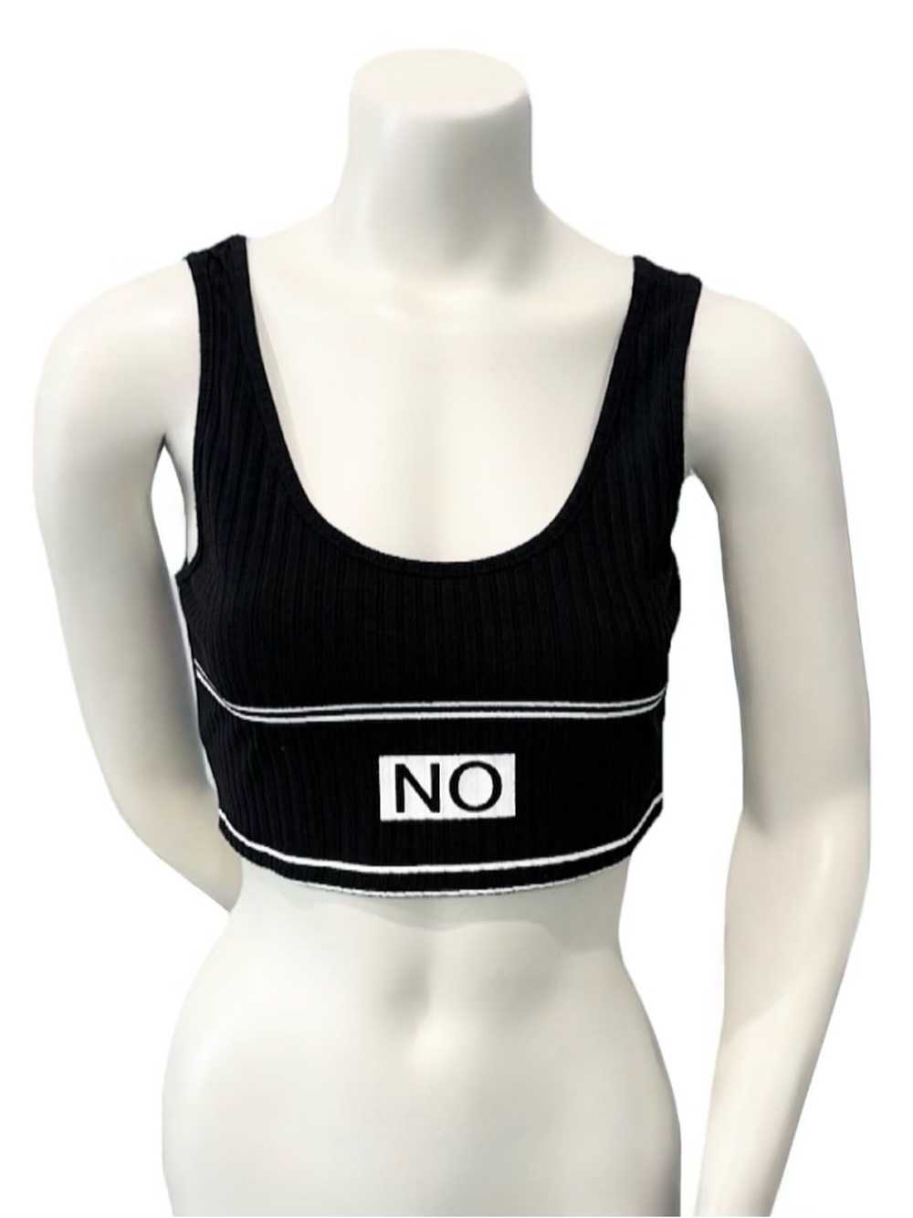 SHEIN Black “NO” Ribbed Crop Tank Top M Y2K Streetwear